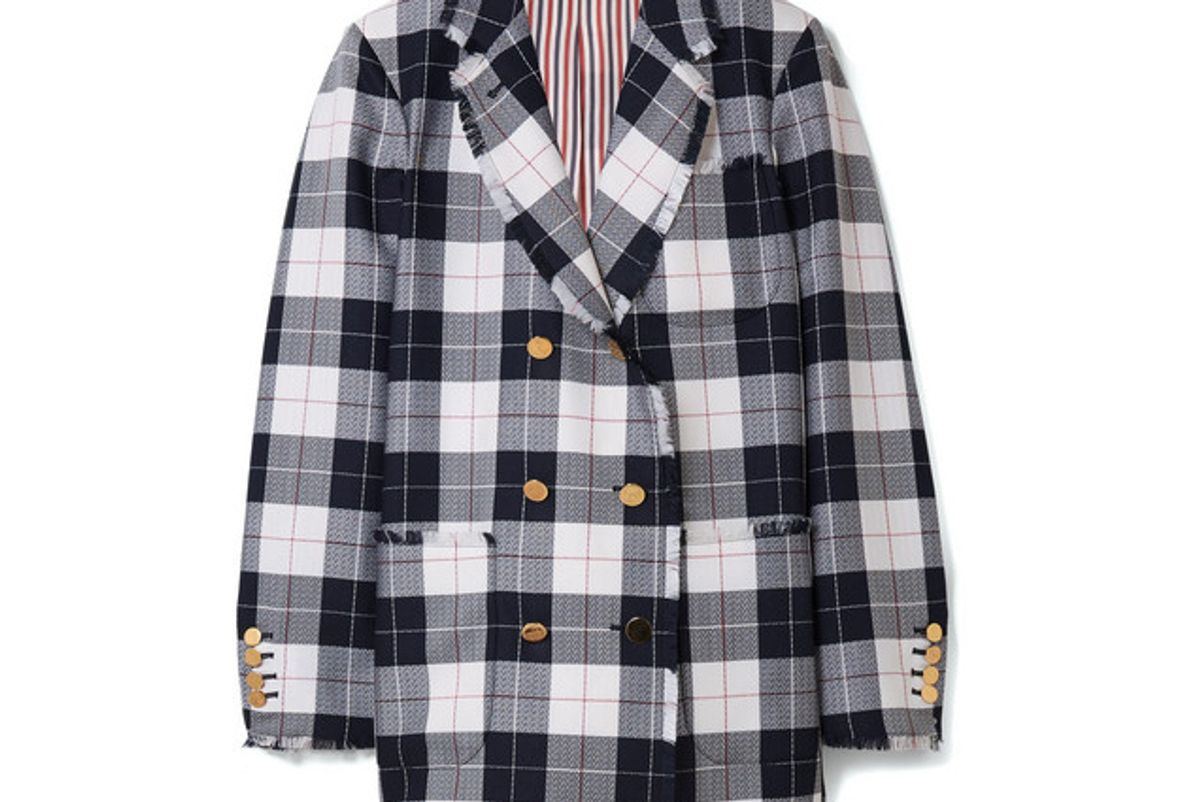 thom browne double breasted checked wool blend blazer