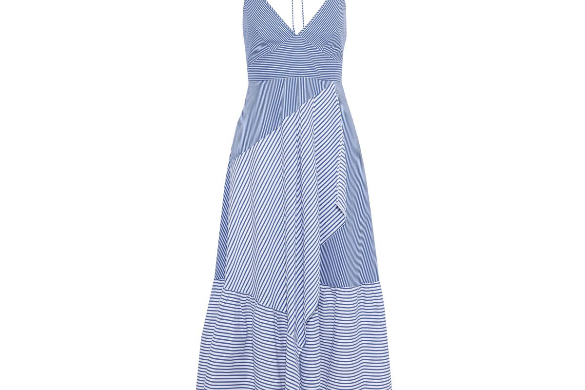 tibi collage striped cotton blend poplin halterneck midi dress