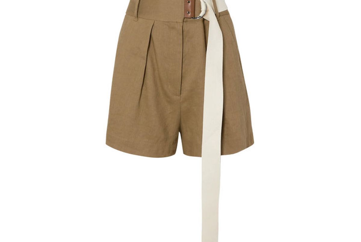 tibi pleated belted linen blend twill shorts