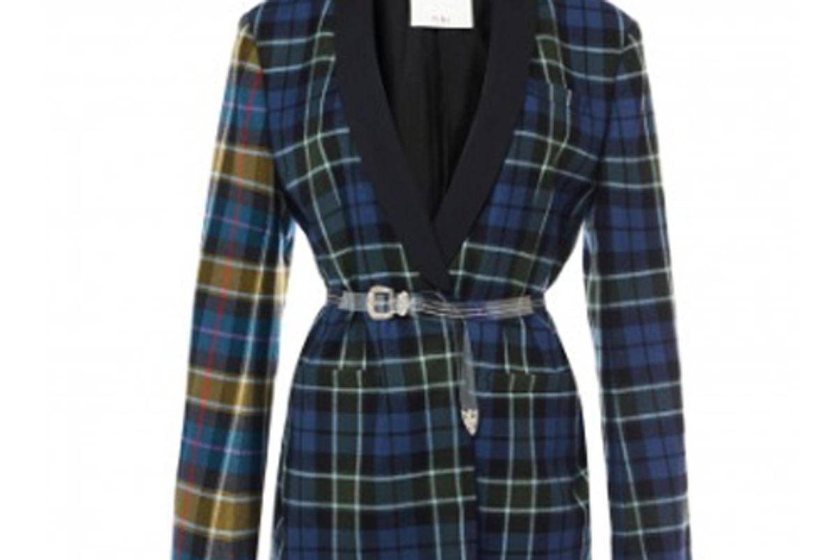 tibi tartan oversized tuxedo blazer with removable belt