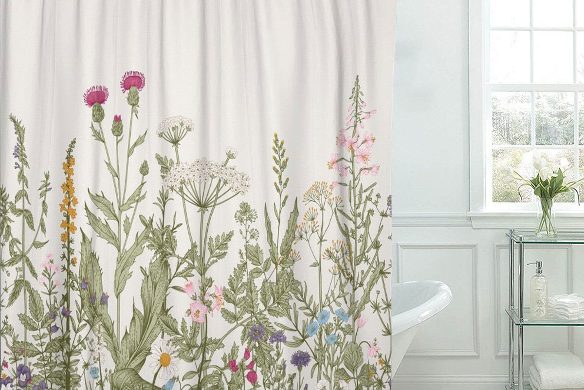 tompop vintage floral border herbs shower curtain