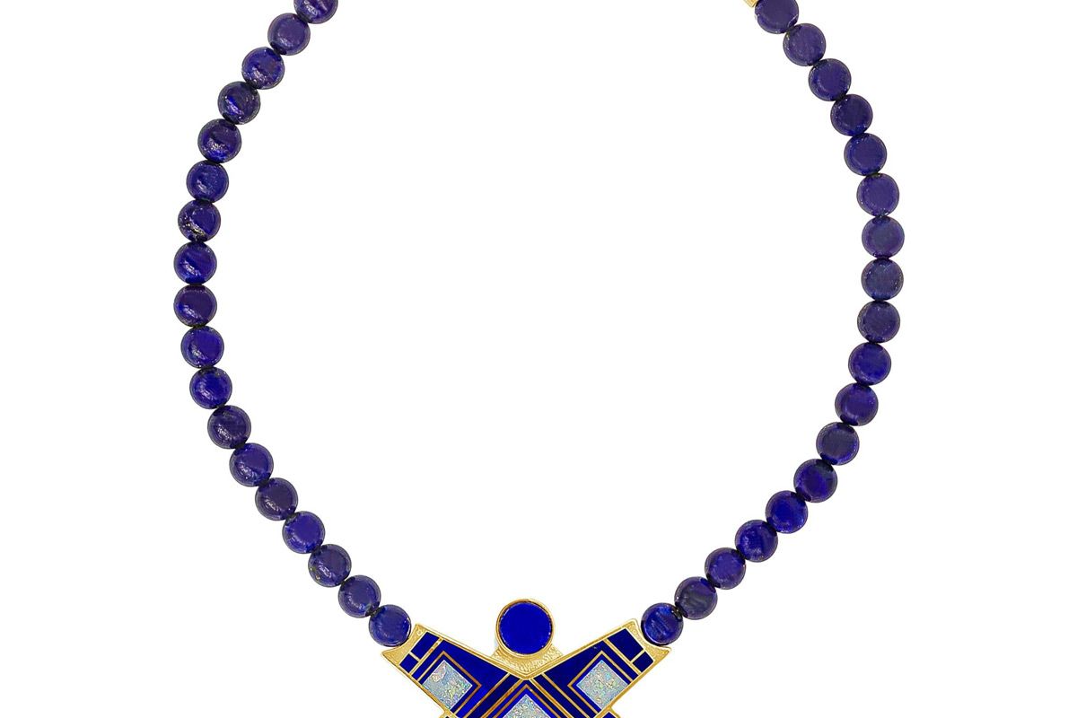 tracey designes lapis lazuli beads gold and enamel necklace
