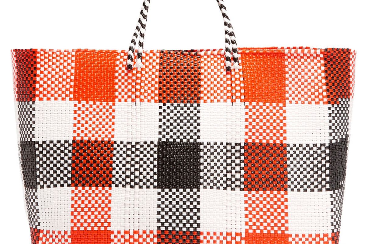 Plaid Woven Raffia-Effect Tote