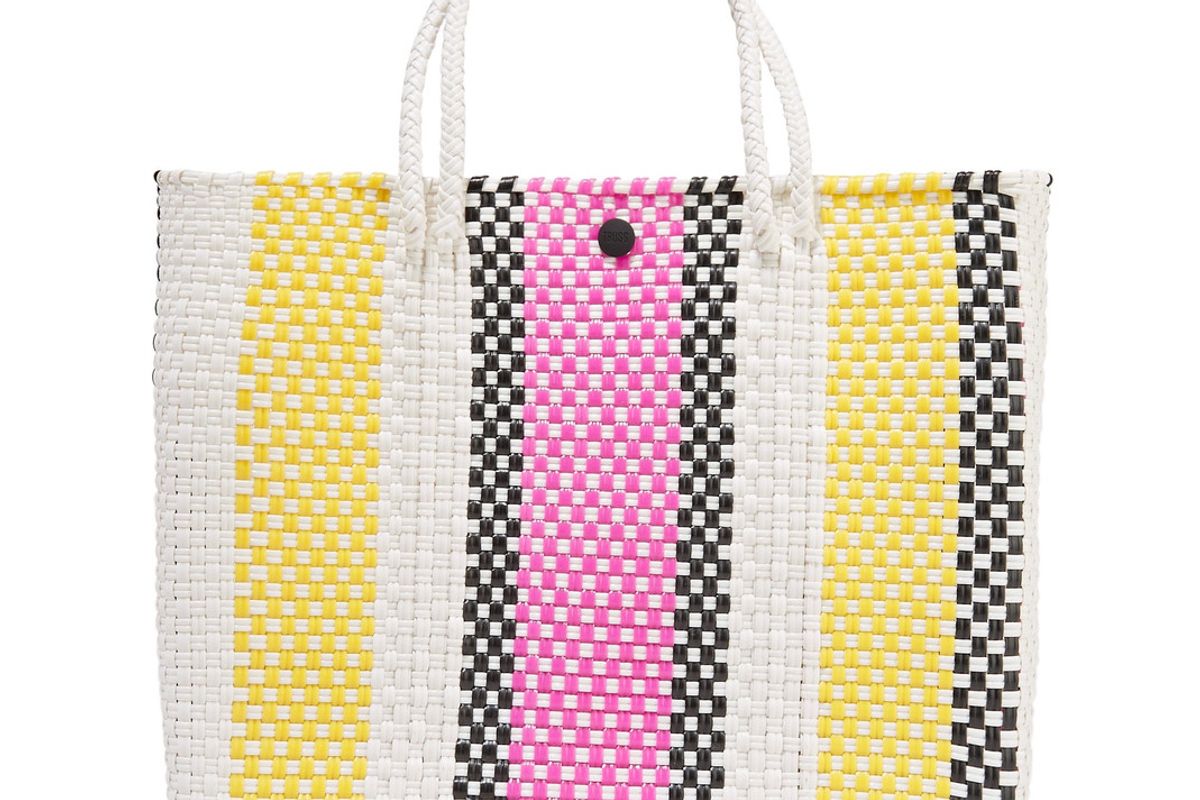 Striped Leather-Trimmed Woven Raffia-Effect Tote