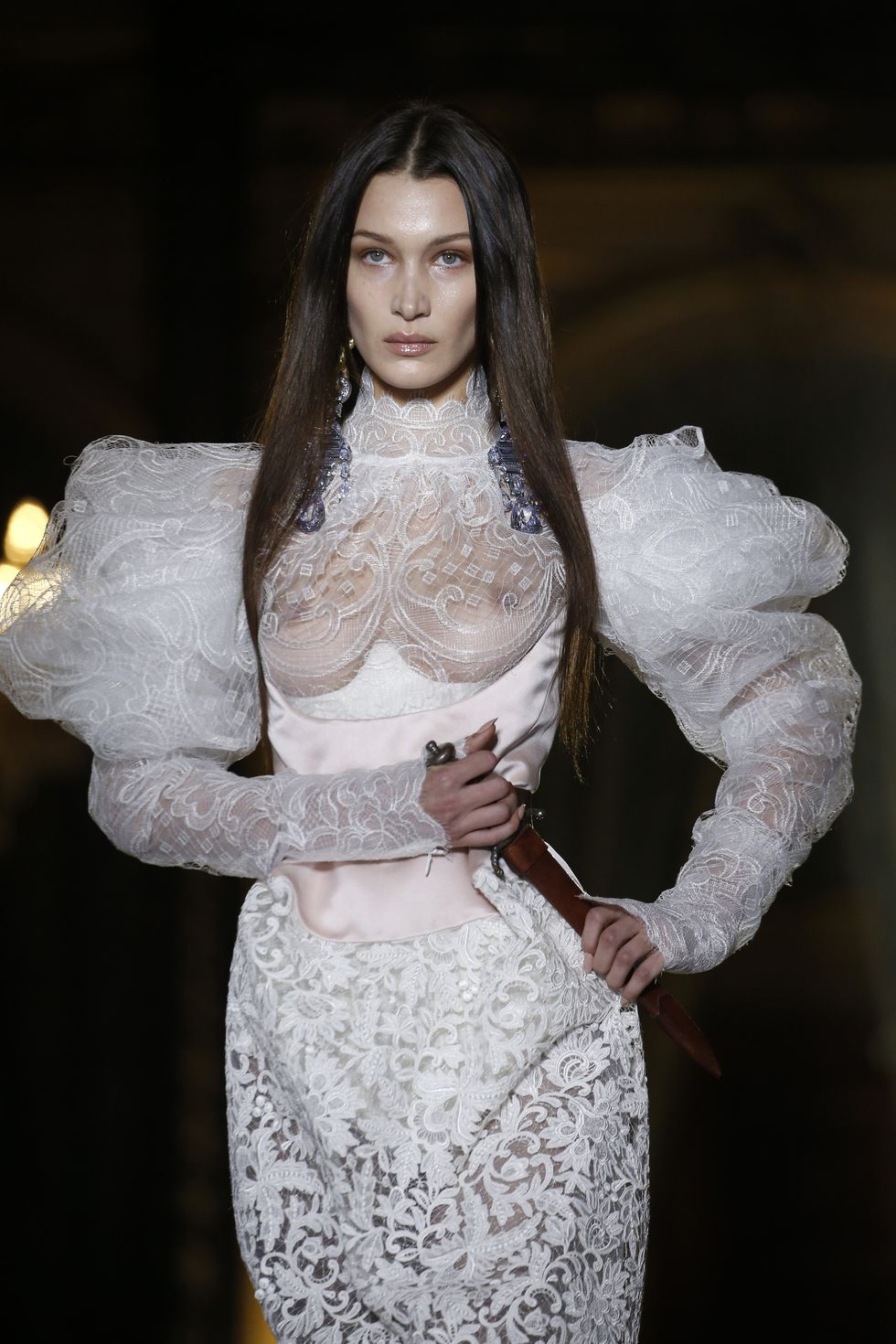 Bella Hadid walks at Paris Fashion Week in Vivienne Westwood F/W 21