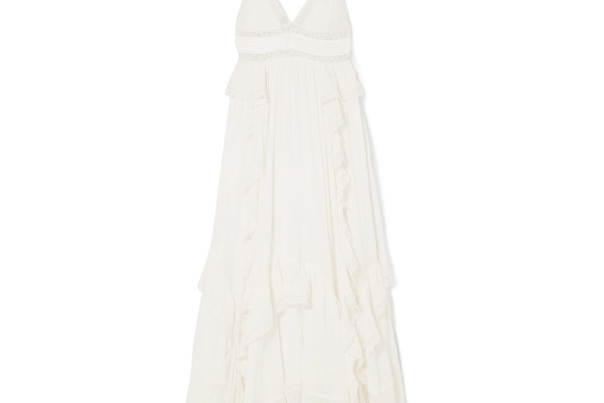 ulla johnson ruffled lace trimmed cotton crepon maxi dress