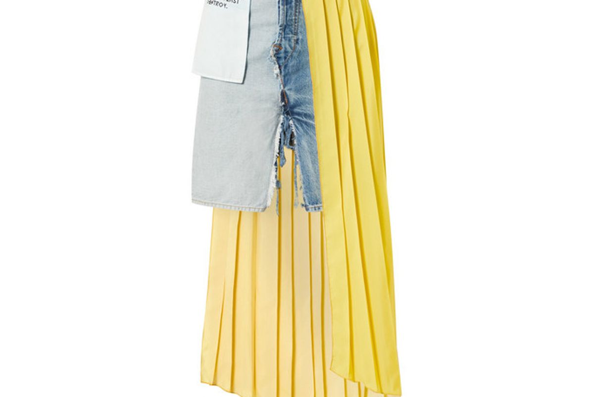 unravel project asymmetric distressed denim and pleated crepe de chine skirt