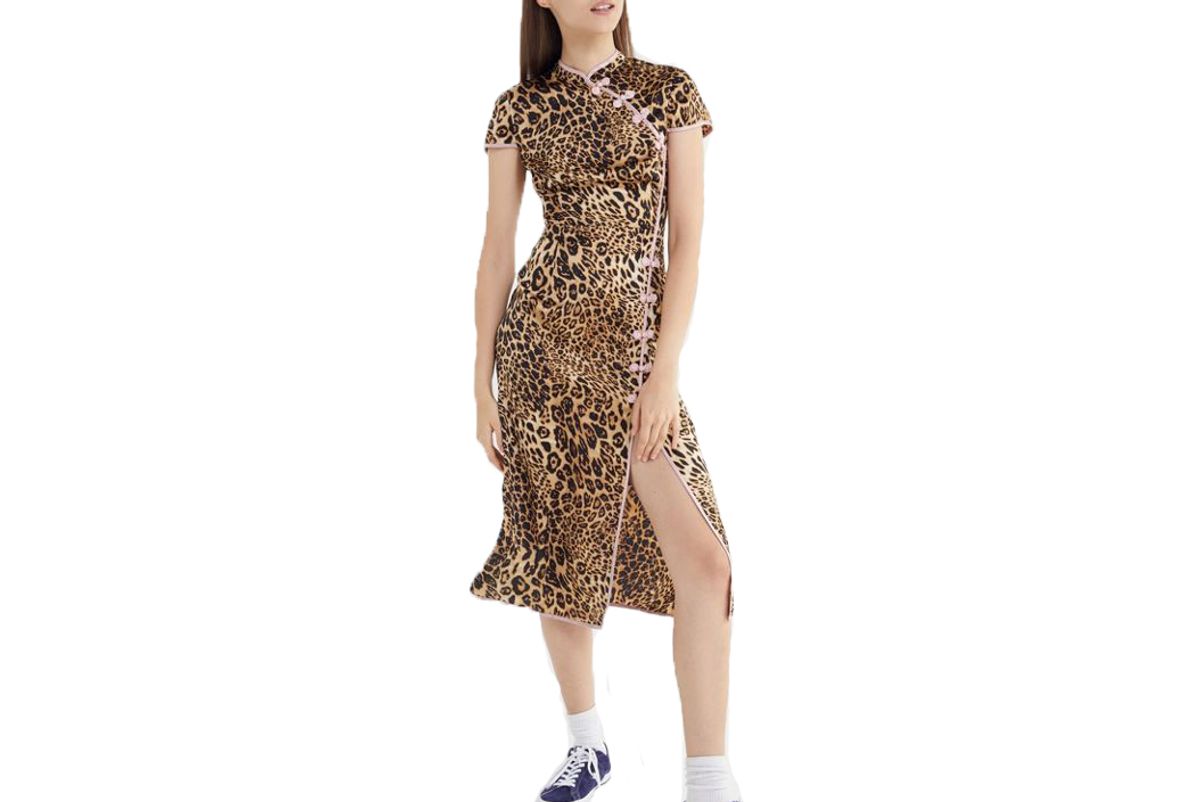 uo leopard print mock neck midi dress