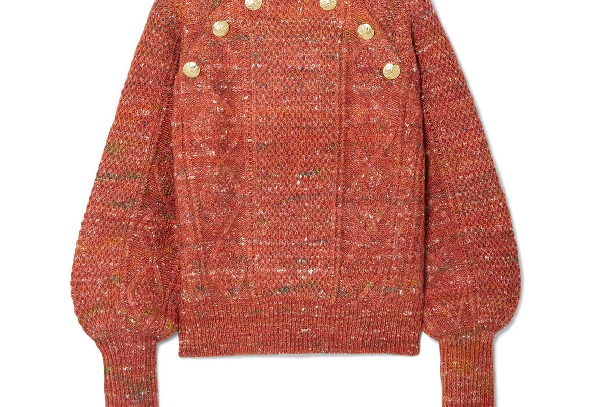 veronica beard adelaida button embellished cable knit sweater