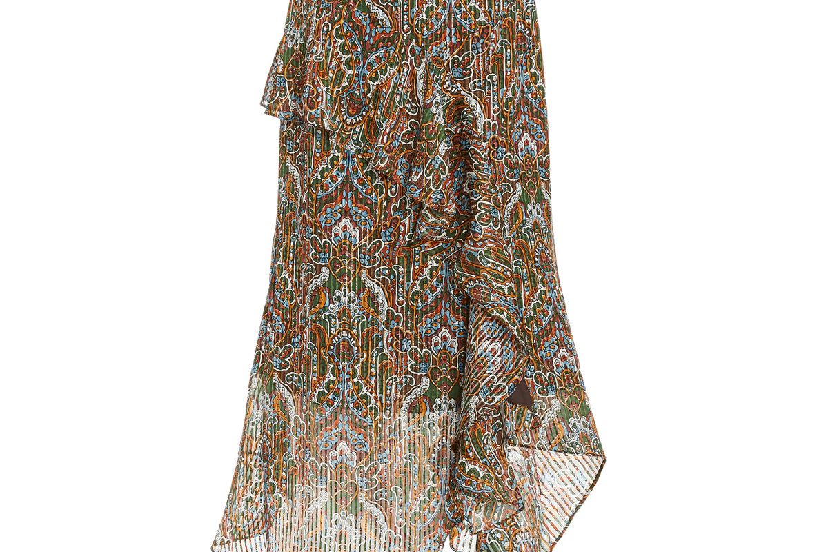 veronica beard trixie ruffle trimmed printed metallic silk midi skirt