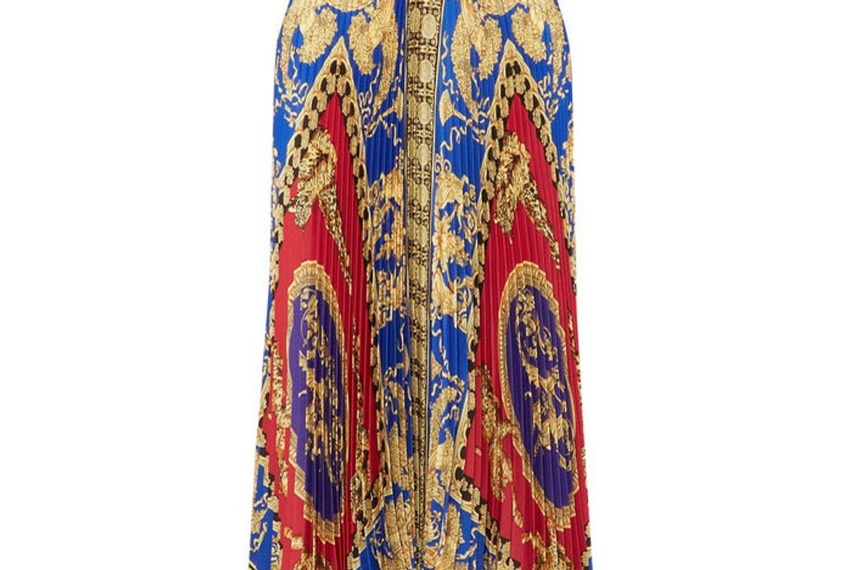 versace pleated printed satin midi skirt