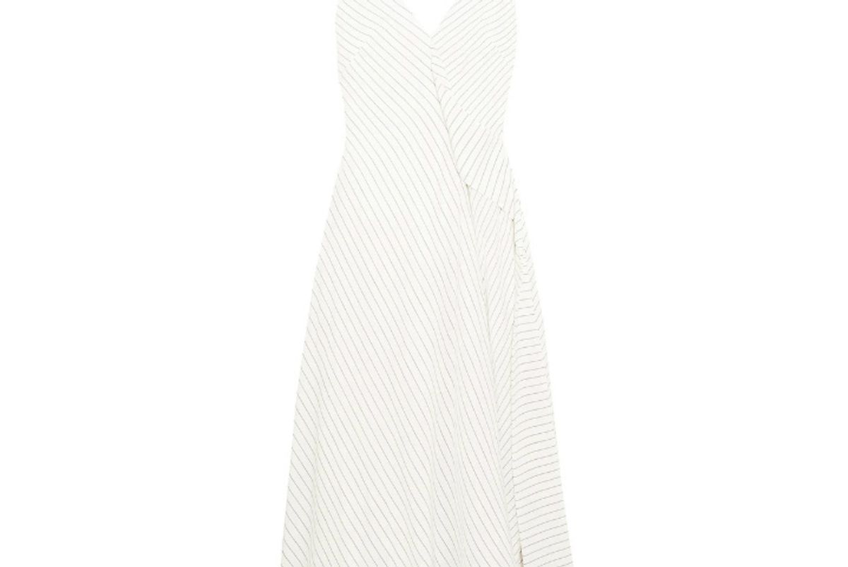 victoria beckham asymmetric pinstriped silk crepe de chine midi dress