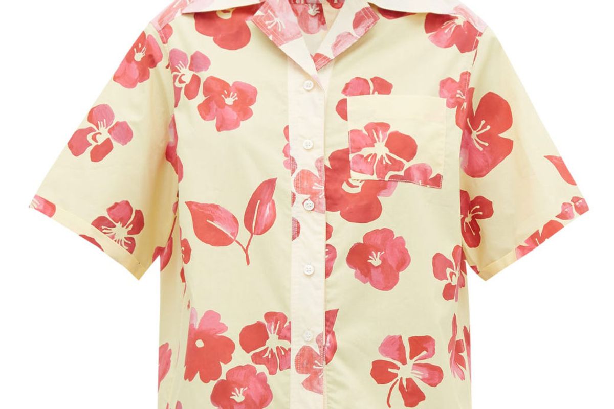 wales bonner hibiscus print cuban collar cotton poplin shirt