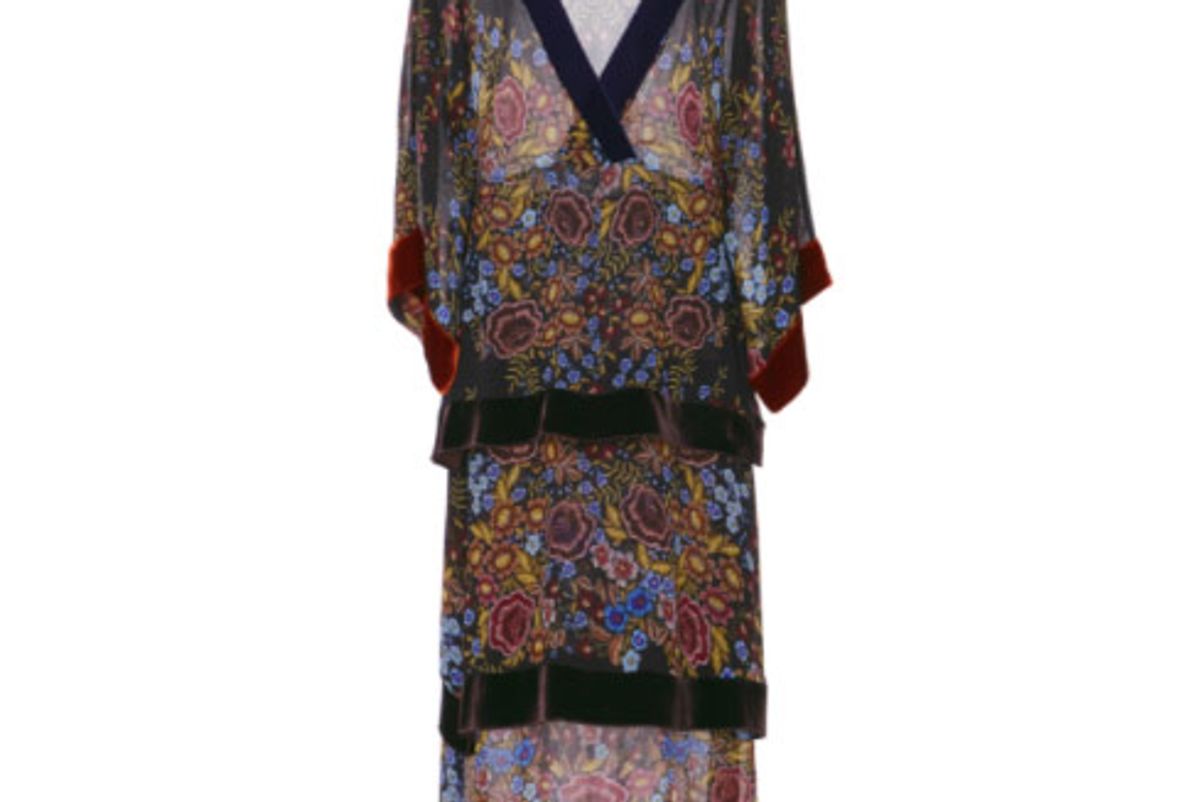 Printed Velvet-Trimmed Printed Chiffon Dress