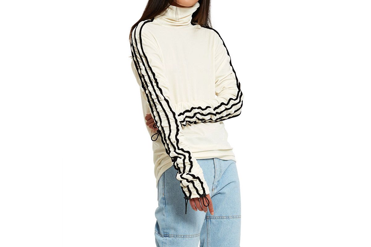 Drawstring Striped Velvet Turtleneck Top