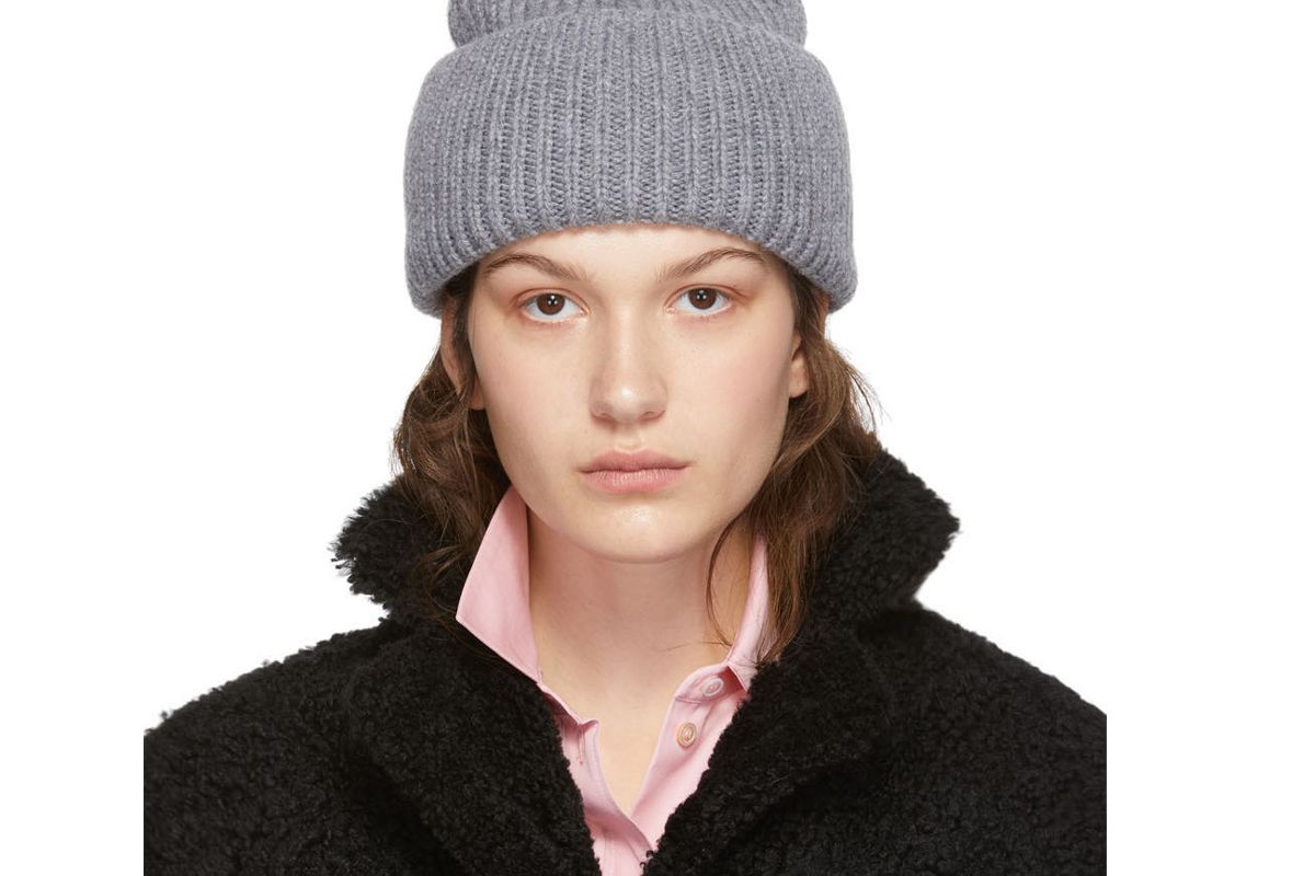 yves salomon grey bonnet pompom beanie