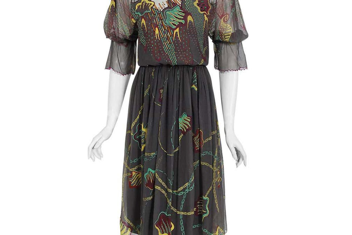 zandra rhodes vintage 1977 zandra rhodes hand painted silk puff sleeve illusion dress