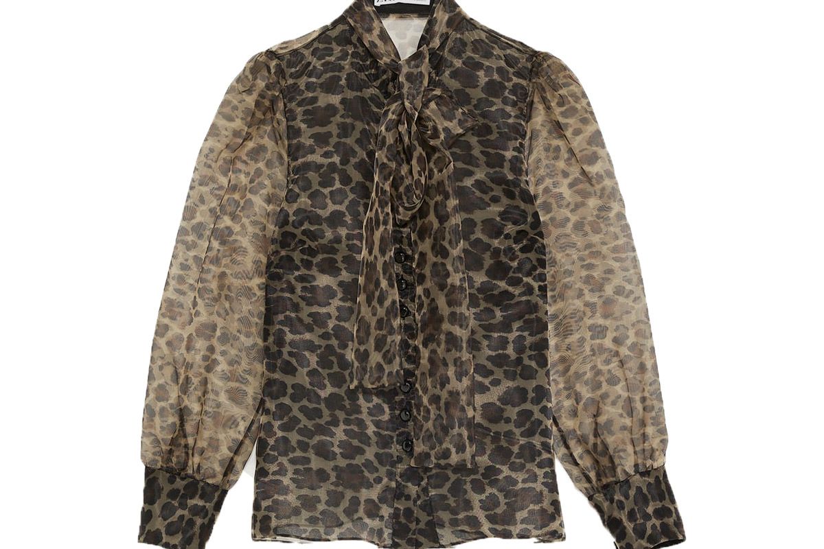 zara animal print blouse with tie