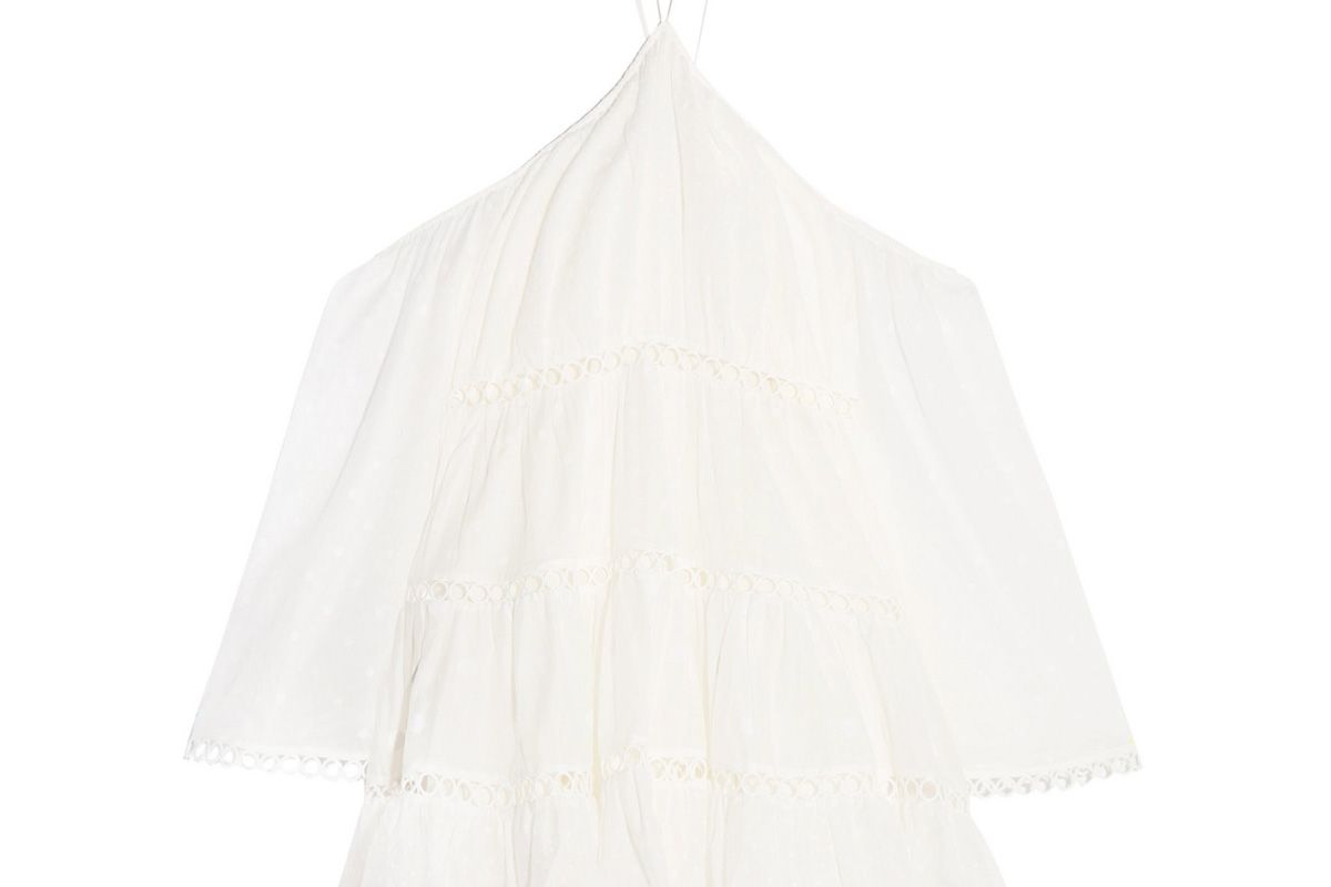 zimmermann jasper cold shoulder tiered polka dot cotton mini dress