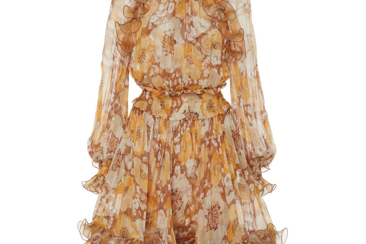 zimmermann ruffled floral print silk chiffon mini dress