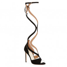 francesco russon nero black suede and pvs strappy peep toe sandals
