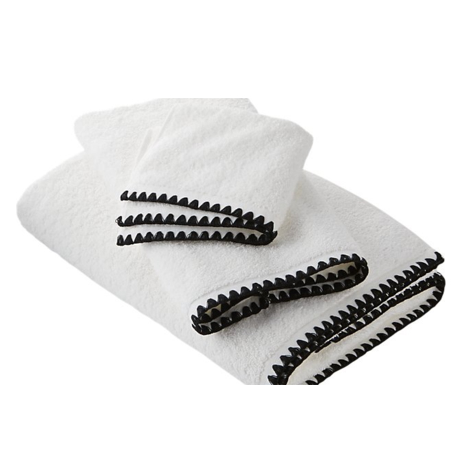 white bath towels with black trim